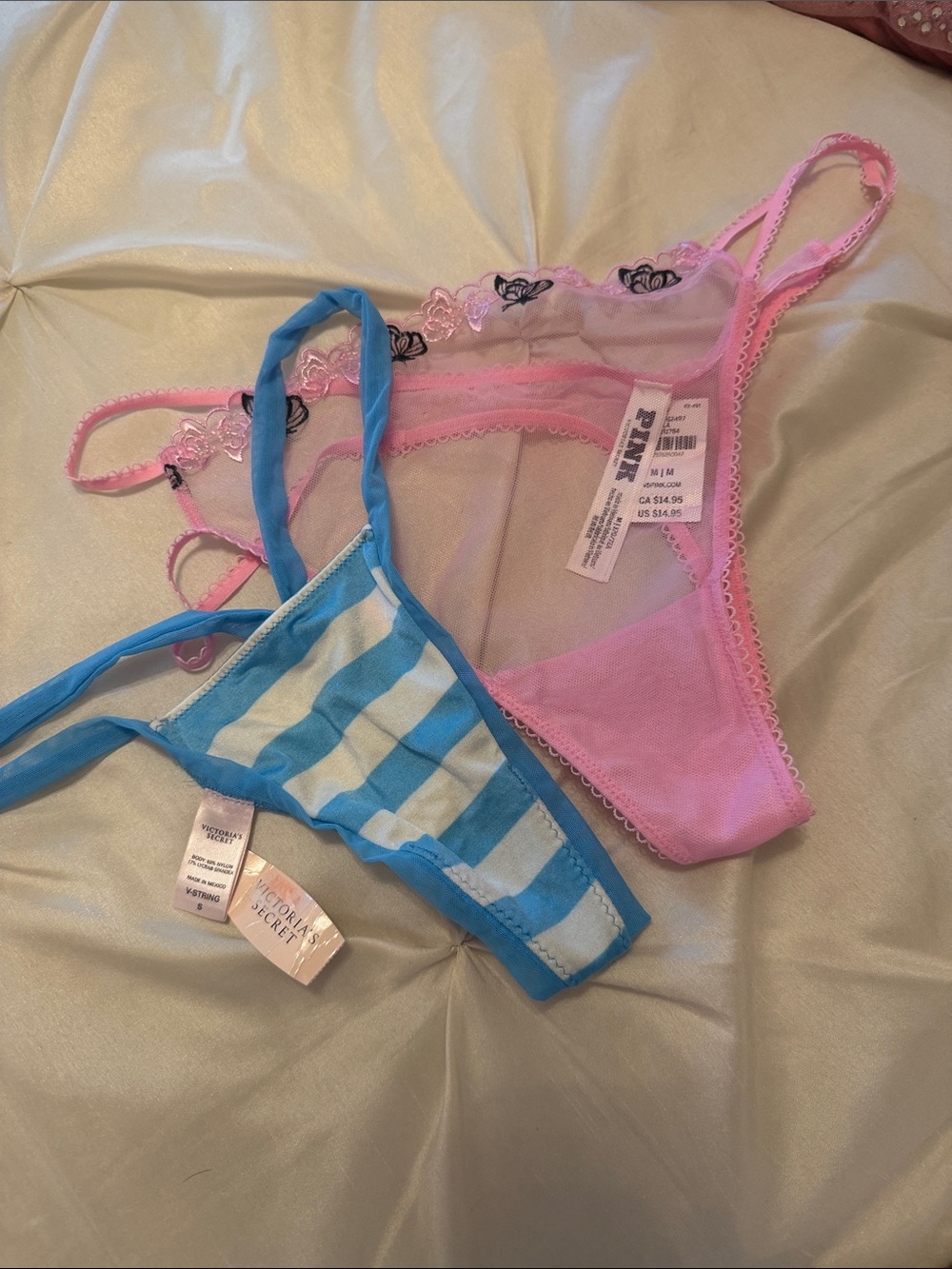 PINK Victoria's Secret Pink Lace & Blue Stripe Bikini Panty Set size S & M